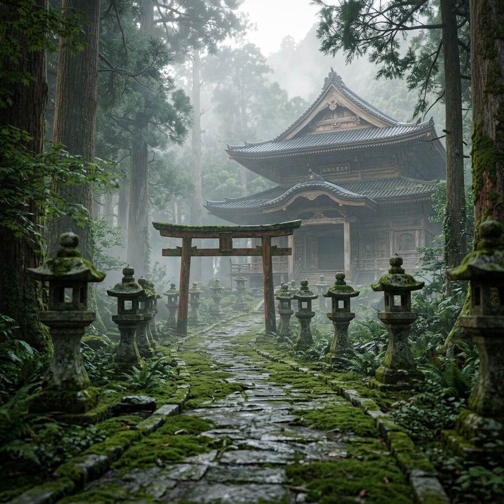 苔むした古い鳥居と参道のイメージ